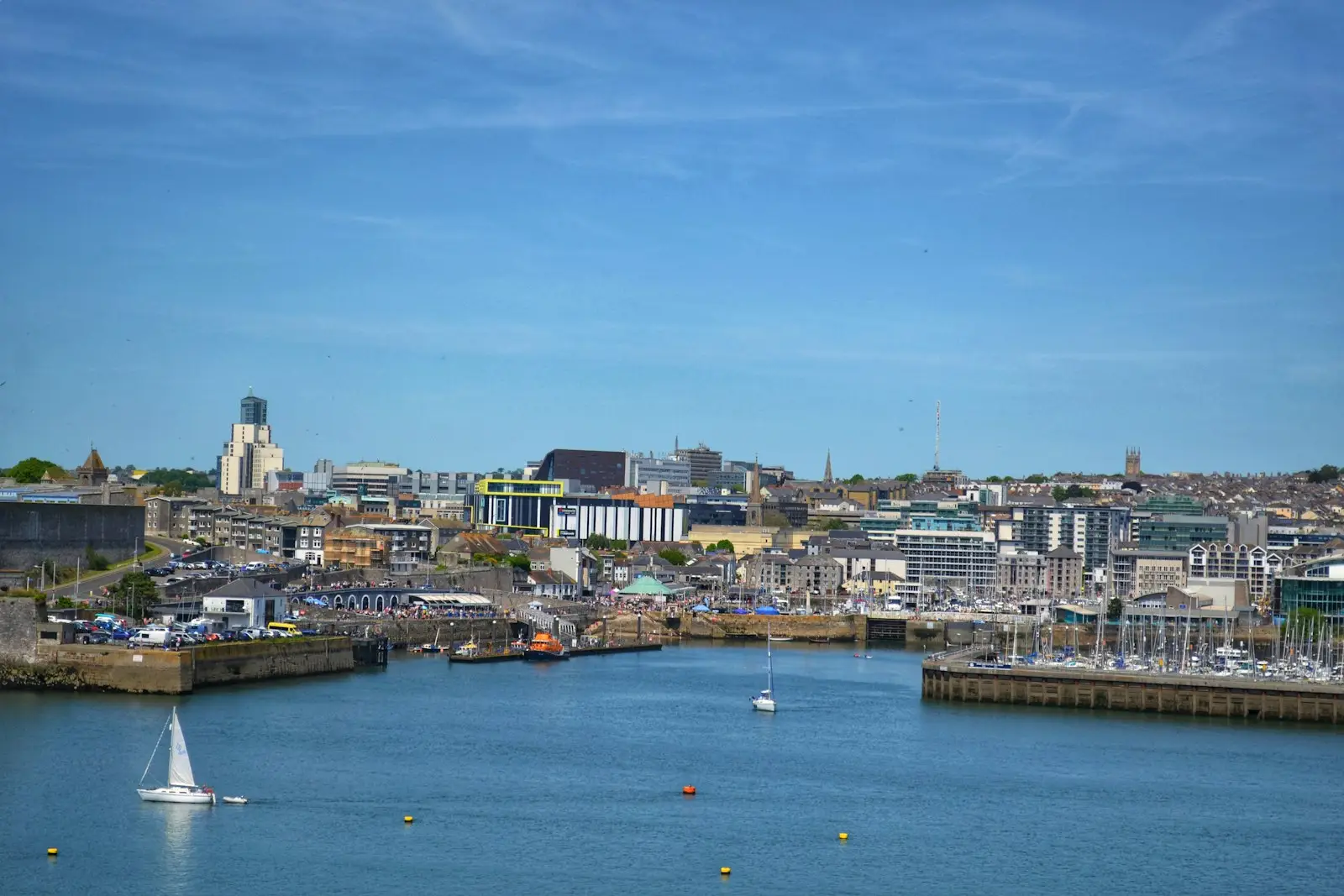 Plymouth harbour with boats moored