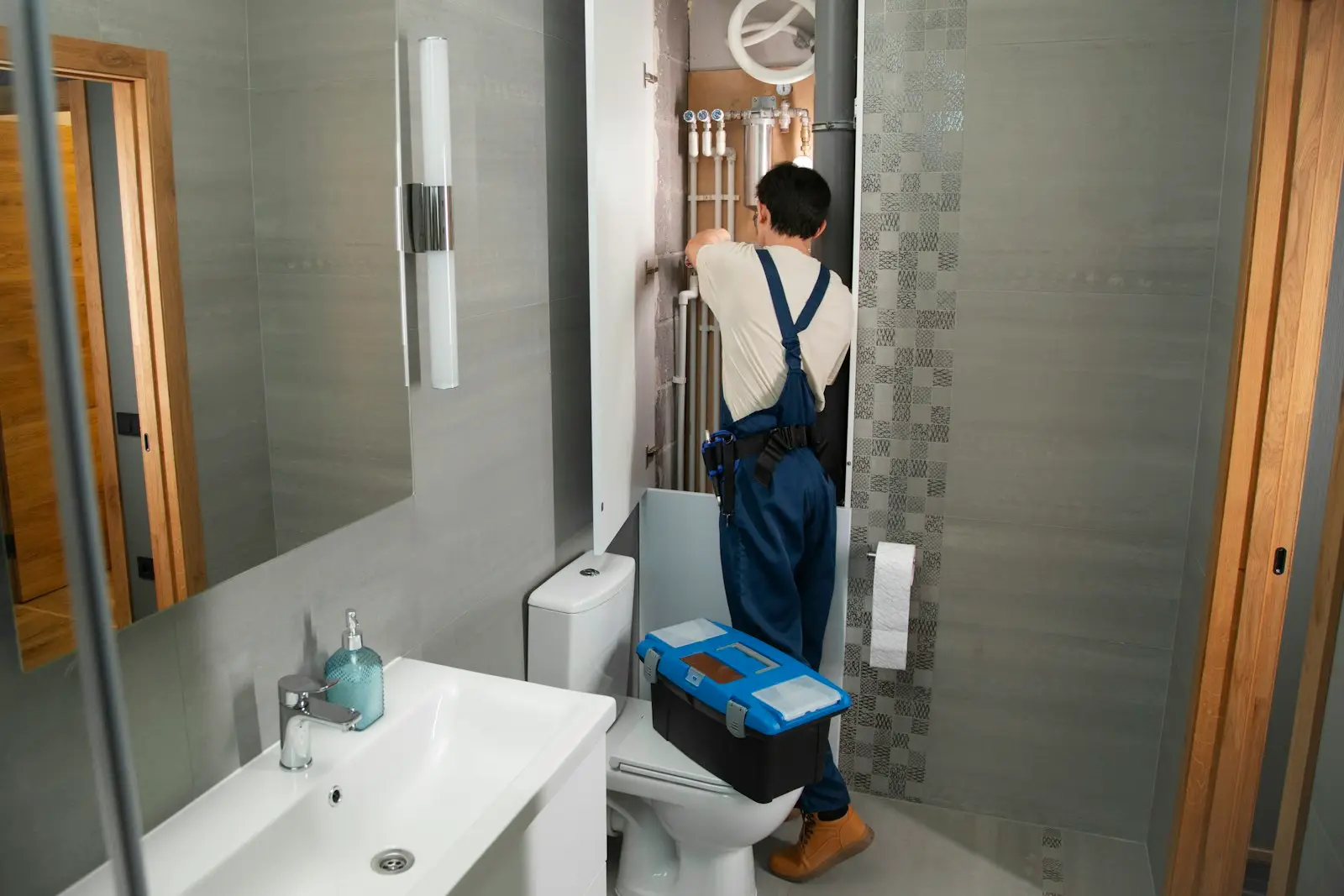 A plumber at work on pipework